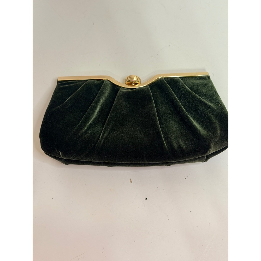 Scheilan Firenze Dark Green Velvet Pleated Clutch Bag Gold Tone Frame Italy
